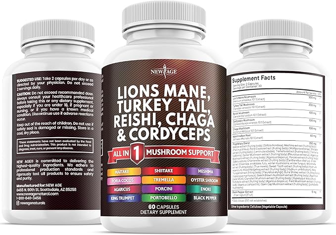 NEW AGE Lions Mane Mushroom Supplement with Turkey Tail Reishi Cordyceps Chaga with Marshmallow Root 180 Count