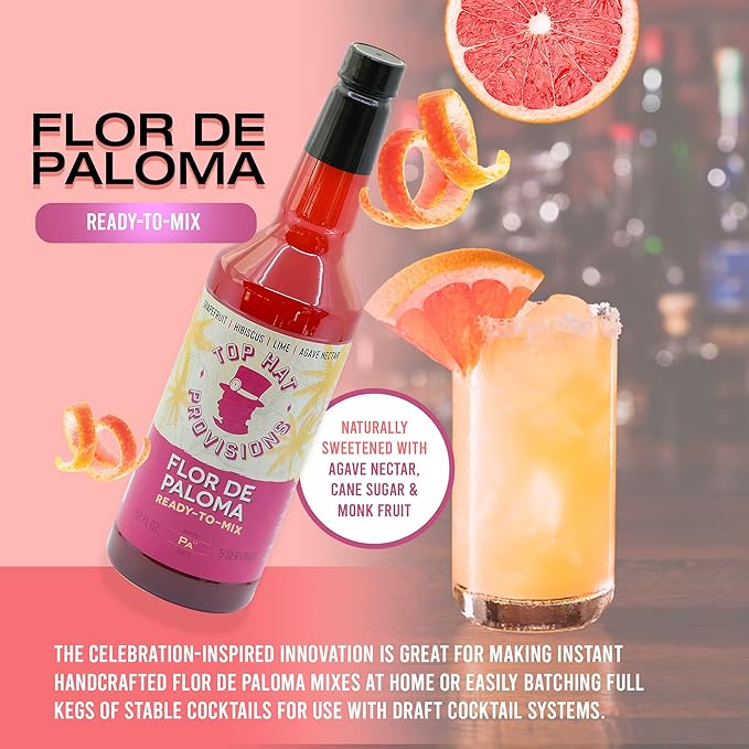 Top Hat Hibiscus Paloma Mix - Grapefruit Cocktail Mixer - Handcrafted with Organic Agave - Low Calorie - 2 Pack of 32oz Bottles