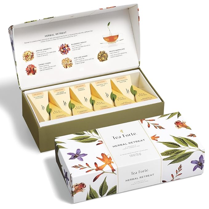 Tea Forte Premium Petite Presentation Box Gift Set Sampler 10 Count 2 of Each Blend Individually Wrapped Handcrafted Pyramid Infuser Bags Herbal Retreat Tea