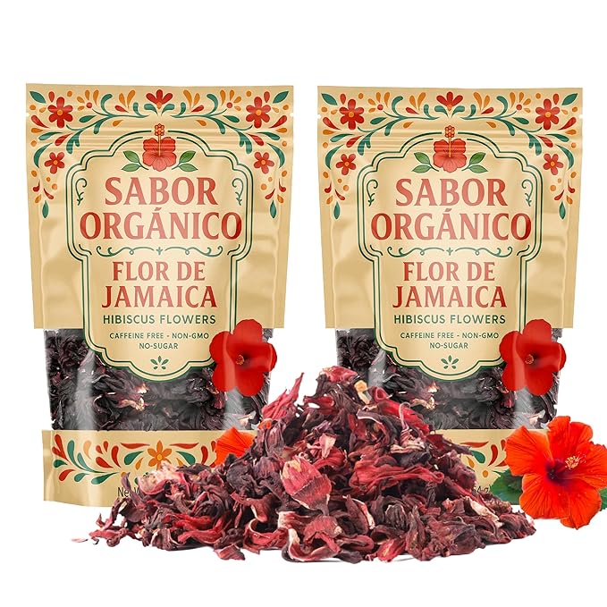 2LB Whole Dried Hibiscus Flowers (Flor de Jamaica) for Hibiscus Tea &amp Mexican Agua Fresca | Natural Non-GMO No Preservatives | Includes Resealable 1lb Stand-Up Pouches | Sabor Orgánico