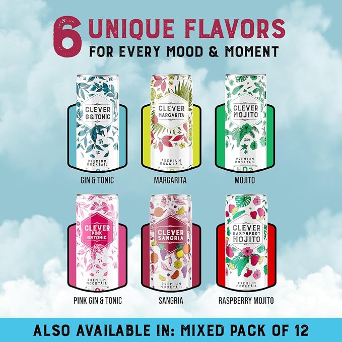 CLEVER - Sangria Nonalcoholic Mocktails for Any Occasion Refreshing Beverages with Citrus &amp Botanical Extracts Low-Calorie Mocktails Non-alcoholic Drinks with 70 Calories Pack of 12 (12 oz Ea)
