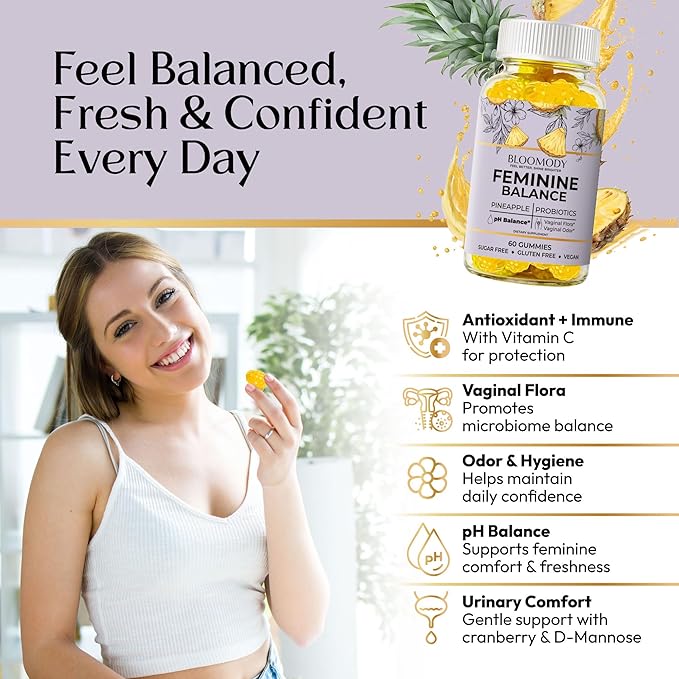 Probiotic Feminine Balance Gummies for Women - pH Balance &amp Vaginal Health Supplement with Cranberry Vitamin C - Natural Pineapple pH Balancing Gummy for Healthy Odor Hygiene Support