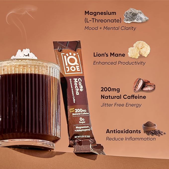 IQJOE Mushroom Coffee Packets (40 Servings) Lion’s Mane Magtein Magnesium Antioxidants Adaptogens - Caffe Mocha - Instant Coffee for Focus Clarity Mood Energy Boost - Sugar Free Keto Vegan