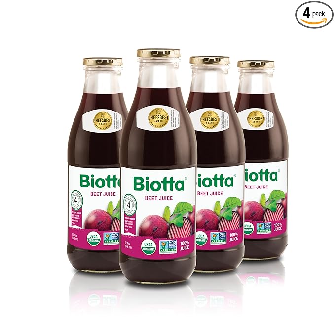 Biotta Organic Beet Juice - 100% Natural Beetroot Superfood - Helps Support Blood Pressure Brain Stamina &amp Energy - Natural Nitric Oxide &amp Potassium Booster - Gluten Free (32 Fl Oz Pk of 4)