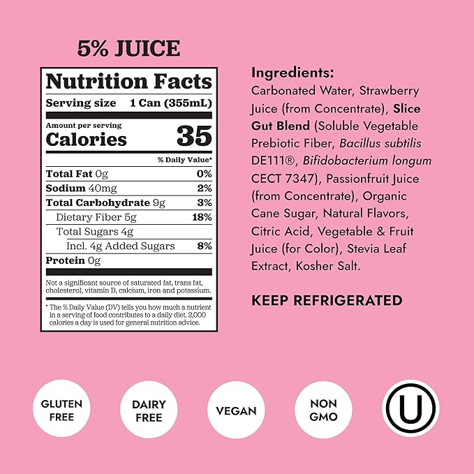 Slice Healthy Soda Strawberry Prebiotic &amp Probiotic Soda Pop 5g Fiber 35 calories 12 fl oz 12 Pack