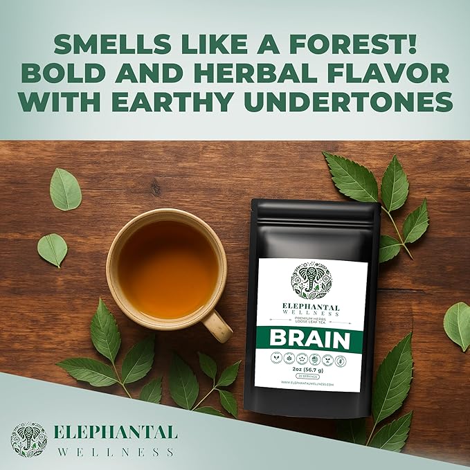 Elephantal Wellness Premium Brain Herbal Tea | Nootropic Focus &amp Mental Clarity with Ginkgo Bacopa Gotu Kola &amp Rosemary | Non-GMO Caffeine-Free Coffee Alternative Handmade Loose Leaf Blend