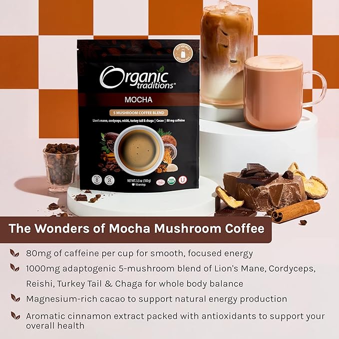Organic Traditions Mocha Mushroom Coffee Instant Coffee Blend with Cacao Lion’s Mane Chaga Reishi Cordyceps Turkey Tail Dairy Free Adaptogenic Superfoods to Support Energy and Focus 200g / 7oz