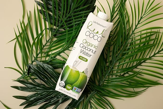 Real Coco Organic Pure Coconut Water (6-Pack 1L) USDA Organic No Added Sugar Plant Based Packed with Electrolytes Vegan