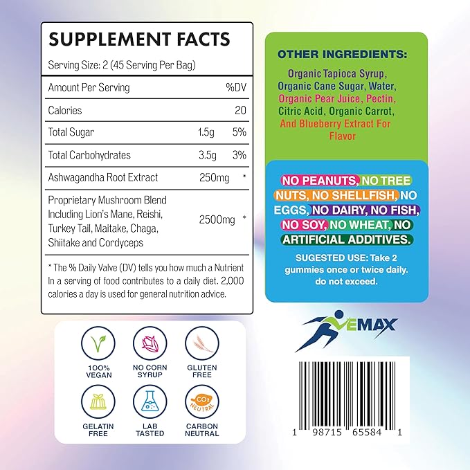 Ashwagandha and Lions Mane Mushroom Gummies for Adults - Organic - Reishi Maitake Chaga Cordyceps Shiitake Turkey Tail - Immune Support Memory Focus and Energy -Vegan Mushroom Supplement Gummy