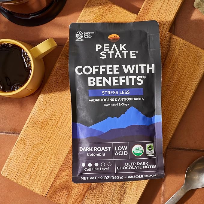 Peak State Stress Less Coffee with Benefits Dark Roast – Mushroom Coffee Low Acid &amp Smooth Full-Bodied &amp Deep Dark Chocolate Organic Whole Bean Coffee Gluten Free 12 oz. Each