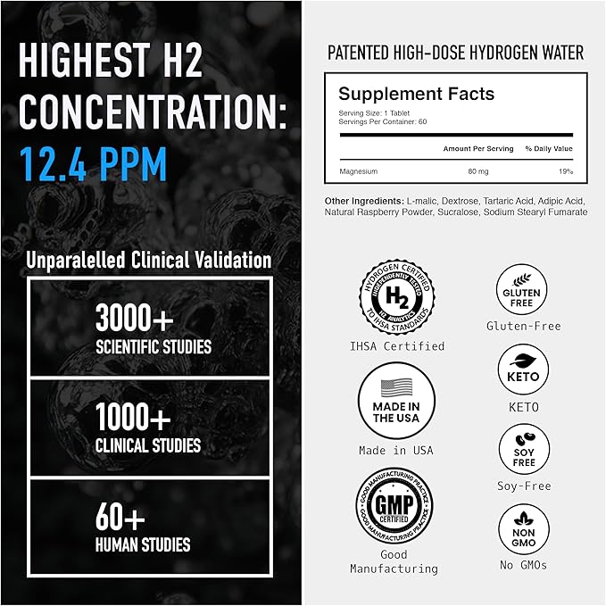 DRINK HRW Rejuvenation Molecular Hydrogen Water Tablets: 12 ppm H2 Patented USA Made IHSA-Certified Hydrogen &amp Magnesium Supplement. Supports Energy Recovery Cognitive Function (Raspberry 60