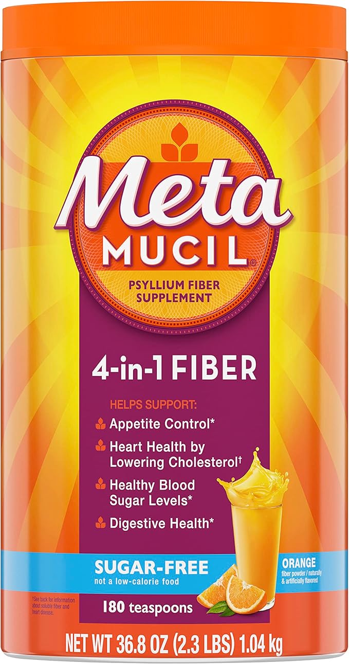 Metamucil 4-in-1 Psyllium Husk GLP-1 Friendly Fiber Supplement Sugar-Free 180 teaspoons Orange Flavored Daily Fiber Powder for Digestive Health made with Plant-Based Psyllium Husk Fiber