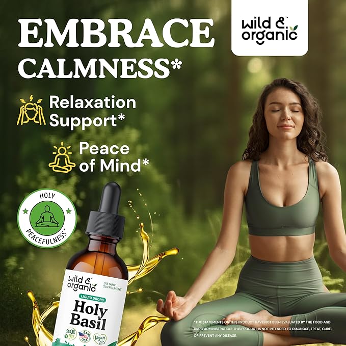 Wild &amp Organic Holy Basil Leaf Tincture - Relaxation Calmness Mood Support - Tulsi Holy Basil Supplement - Vegan Sugar &amp Alcohol-Free Herb Extract Drops - 2 fl oz