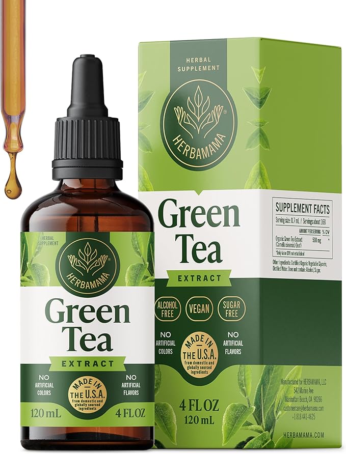 HERBAMAMA Green Tea Drops - Vegan Antioxidant &amp Overall Support with Green Tea Extract Liquid Tincture - Non-GMO Alcohol &amp Sugar-Free Camellia Sinensis Supplement 84-Day Supply