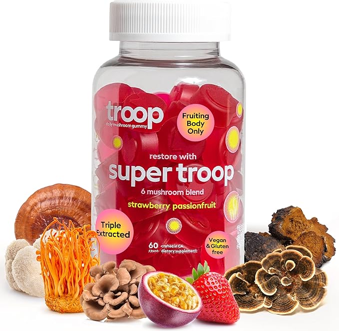 Troop Super 6 Mushroom Gummies — Immunity Energy and Mood Boost — Triple-Extracted Fruiting Body — Vegan 60 Count
