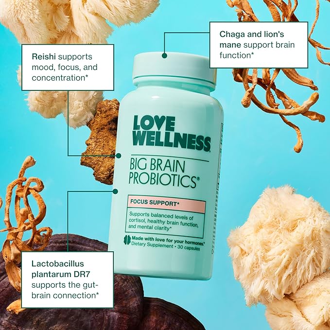Love Wellness Big Brain Probiotics | Nootropics Brain Support Supplement | Brain Supplements for Memory and Focus | Promotes Mental Clarity &amp Mood | Organic Reishi Chaga &amp Lions Mane | 30 Co