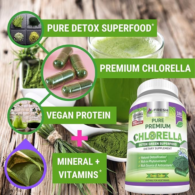 FRESH HEALTHCARE Premium Chlorella Supplement 1200mg Pure Vegan Powder Capsules 180 Chlorophyll and CFG Pills Natural Detox Superfood Naturally Contains B Vitamins and Minerals