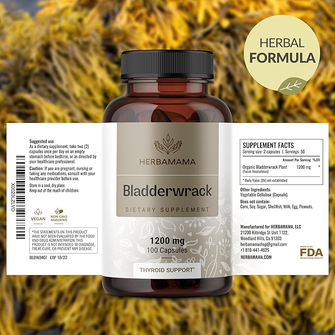 HERBAMAMA Bladderwrack Capsules - 1200mg Bladderwrack Herb Powder for Energy &amp Overall Support - Vegan Non-GMO Sea Iodine Source Supplement 100 Caps