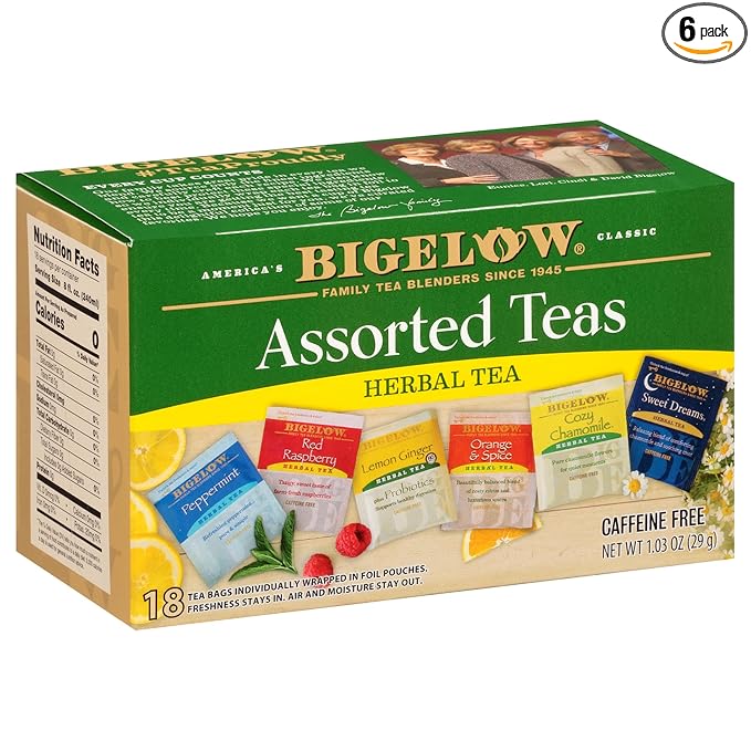 Bigelow Tea Assorted Herbal Tea Variety Caffeine Free Tea with Mint Lemon Chamomile Orange or Herbal Teas 18 Count Box (Pack of 6) 108 Total Tea Bags (Packaging and Flavor Assortment May Vary)
