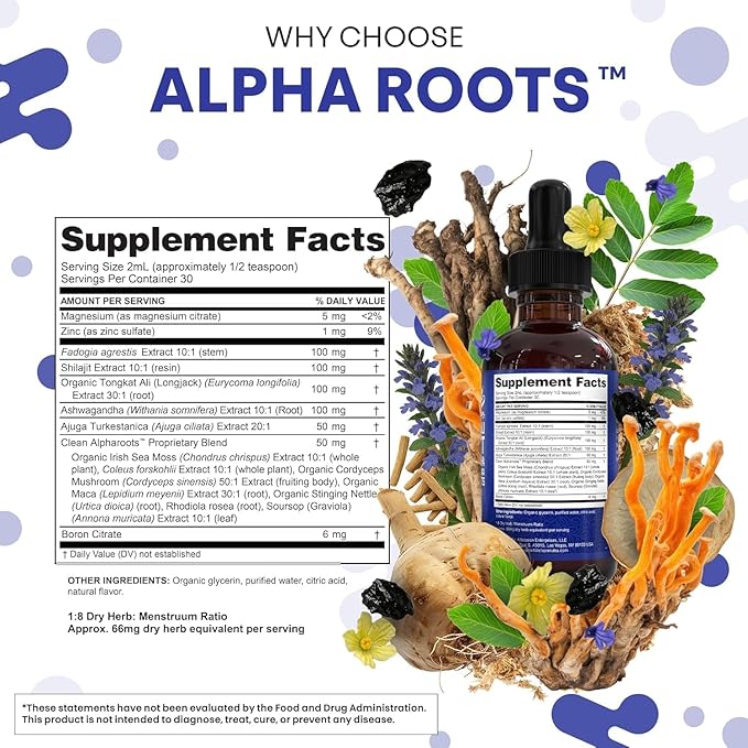 Tongkat Ali Liquid Drops Shilajit Ashwagandha Turkesterone Fadogia Agrestis Magnesium Irish Sea Moss and Zinc Herbal Supplement by Clean Nutra