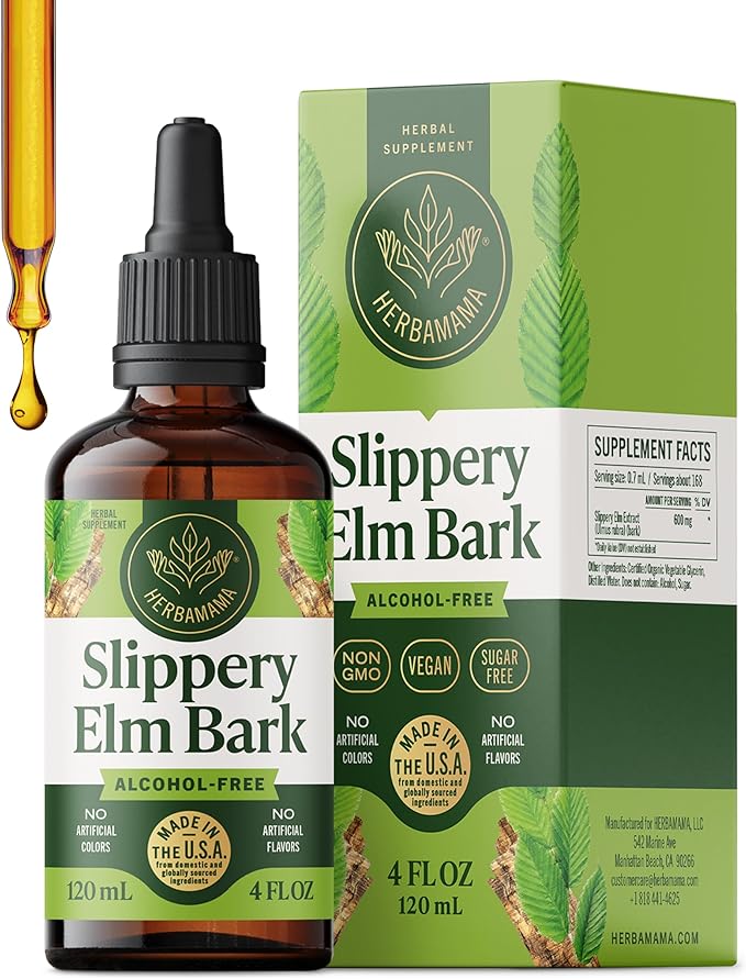 HERBAMAMA Slippery Elm Liquid Drops - Vegan Respiratory &amp Digestive Support with Slippery Elm Bark Extract - Non-GMO Alcohol &amp Sugar-Free Supplement Tincture 56-Day Supply