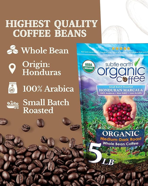 5LB Subtle Earth Organic Coffee - Medium Dark Roast - Whole Bean Coffee - 100% Arabica Beans - Low Acidity and Non-GMO - 5lb bag