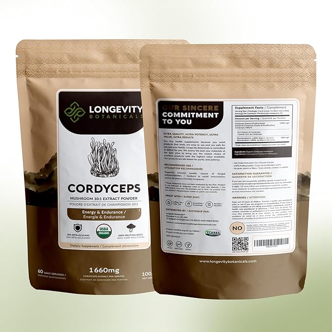 Organic Cordyceps Mushroom Powder Supplement 10:1 Extract 100g | Cordyceps Militaris 100% Fruiting Body | ≥30% Beta-D-Glucans | 60 Servings of 1660mg | Energy Endurance &amp Stamina Support
