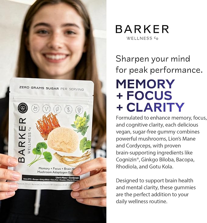 Barker Wellness Mushroom Adaptogen Gummies for Memory &amp Focus Brain Health Supplement with Lion's Mane Cordyceps Cognizin Nootropics Vegan Sugar-Free Passion Fruit Watermelon Flavor- 60 Coun