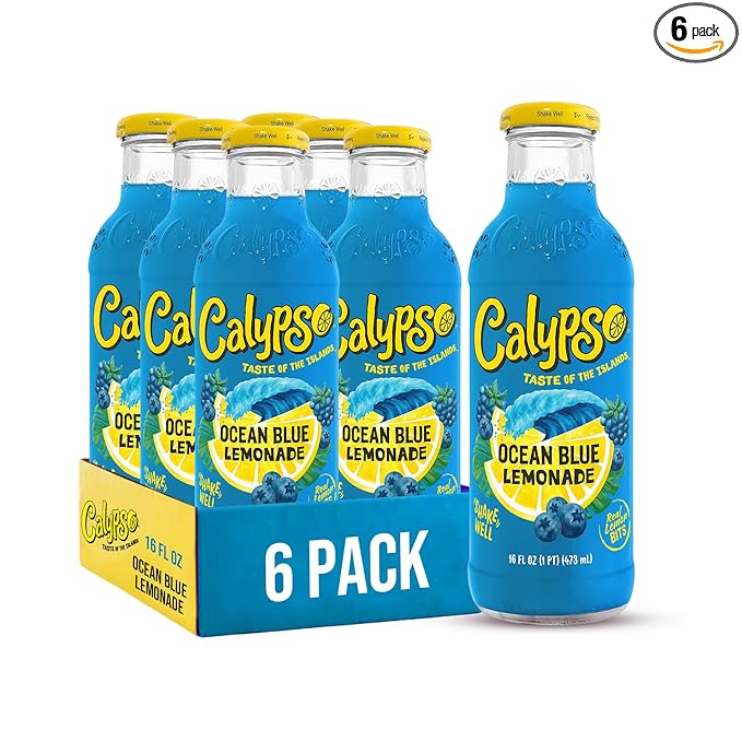 Calypso Lemonade Ocean Blue Lemonade Made with Real Fruit 16 Fl Oz Glass Bottles (Pack of 6)