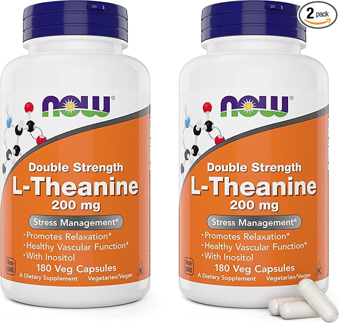 NOW Foods L-Theanine Double Strength 200 mg Per Cap - 180 Veg Capsules (Pack of 2) (360 Total caps) - Enhanced with 100mg Inositol - Vegetarian Non-GMO - Ltheanine 200mg Supplement