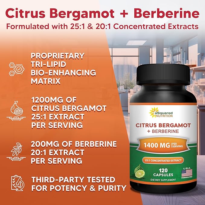 aSquared Nutrition Citrus Bergamot with Berberine Supplement - 1400mg Per Serving Max Strength Complex - 120 Capsules - Supports Cardiovascular Health - Pills Alternative to Gummies &amp Liquid Drops