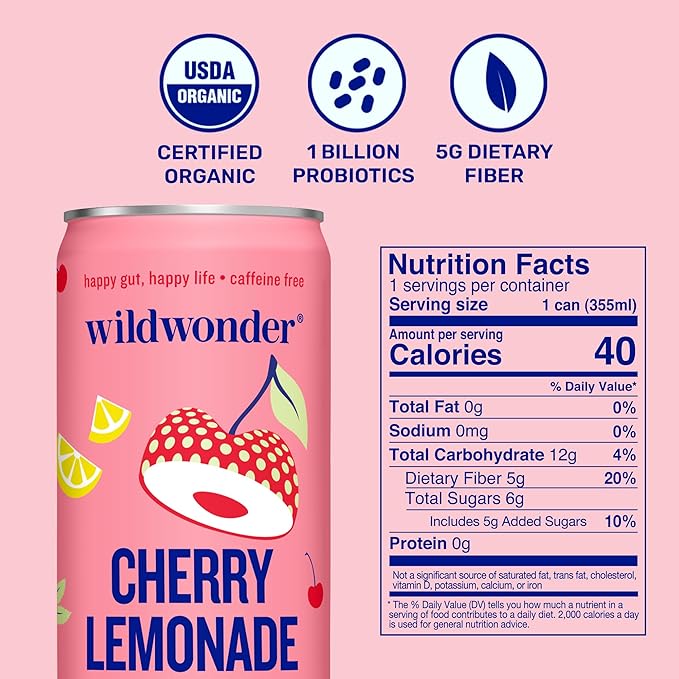 NEW! wildwonder Sparkling Probiotic Drink 12pk For Gut Health &amp Immune Support Cherry Lemonade 5g Prebiotic Fiber Live Probiotics Organic Vegan Low Sugar 12 Pack 12oz Can Seen on Shark T