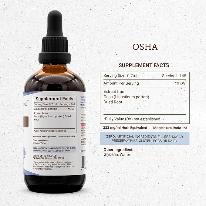 Secrets of the Tribe OSHA Alcohol-Free Liquid Extract Responsibly farmed OSHA (Ligusticum porteri) Dried Root 4 FL OZ
