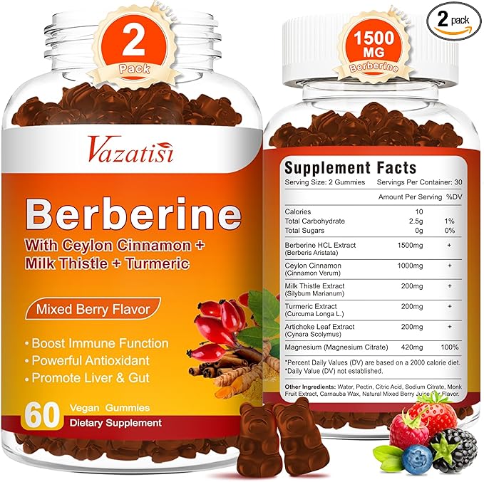2 Pack 1500mg Berberine Gummies High Potency Berberine Supplement with Ceylon Cinnamon Gummies Turmeric Magnesium Sugar Free Non-GMO Gluten-Free - Mixed Berry Flavored 120 Gummies