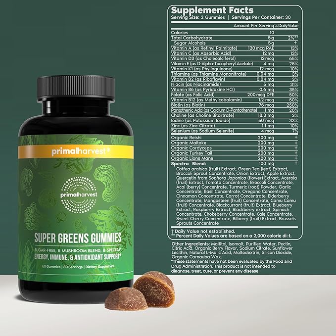 Primal Harvest Super Greens Gummies Superfood Blend with Adaptogenic Mushrooms Vitamins &amp Nutrient-Rich Minerals &amp Antioxidants for Energy &amp Immune Support (1 Pack (60 Count) Berry)
