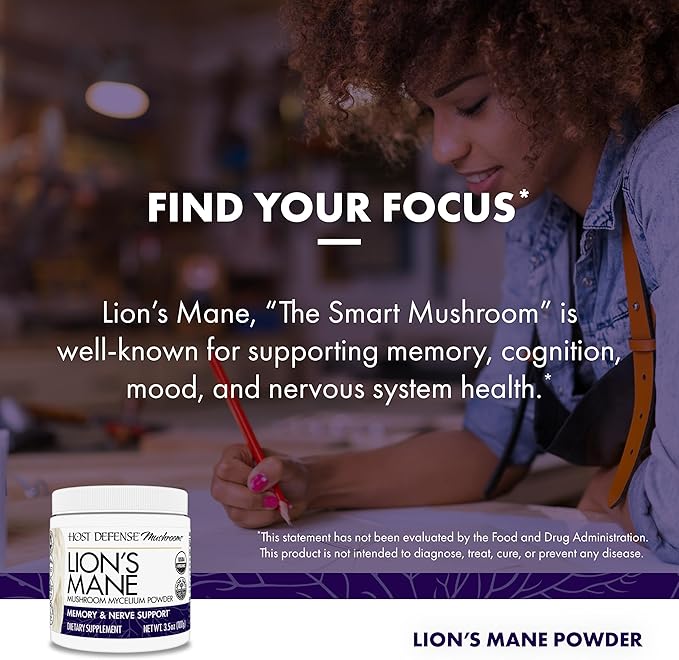 Host Defense Lion's Mane Powder - Brain Health Support Supplement - Mushroom Supplement to Support Focus &amp Memory Function - Immune &amp Nervous System Support Supplement - 3.5 oz (66 Servings)*