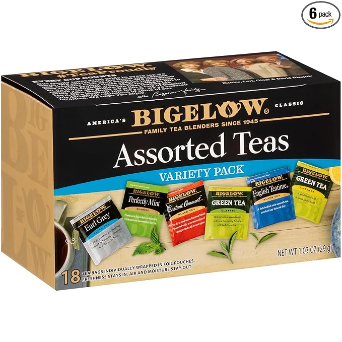 Bigelow Tea Assorted Black Tea and Green Teas Variety Pack Caffeinated Tea with Black and Green Tea Varieties 18 Count Box (Pack of 6) 108 Total Tea Bags (Packaging and Flavor Assortment May Vary)
