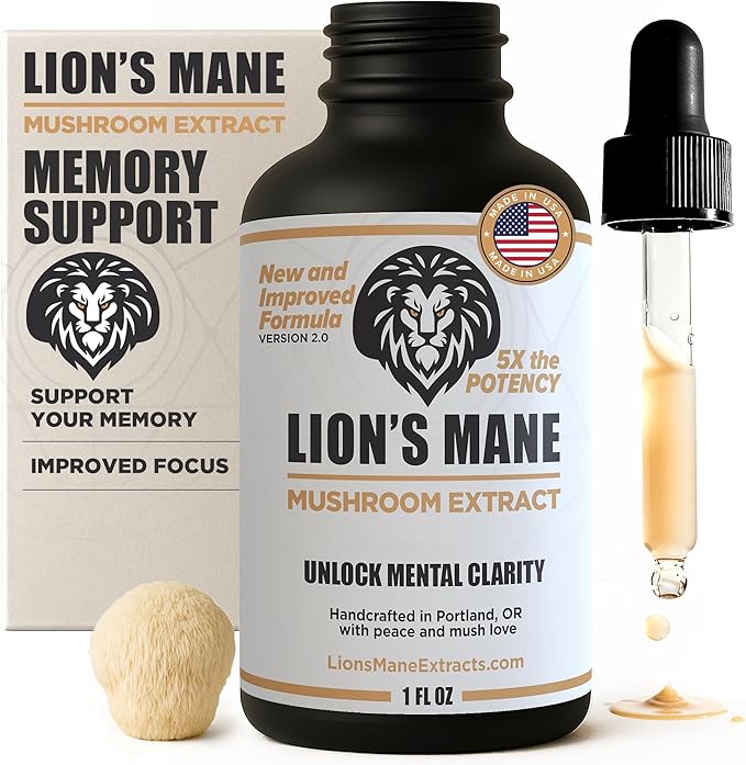 Lion's Mane Extract Mushroom Tincture - Focus Memory &amp Clarity Support - 1 oz Lion’s Mane Supplement Liquid Extract | Dual-Extracted from USA-Grown Fruiting Bodies Mushroom Drops Nootropic