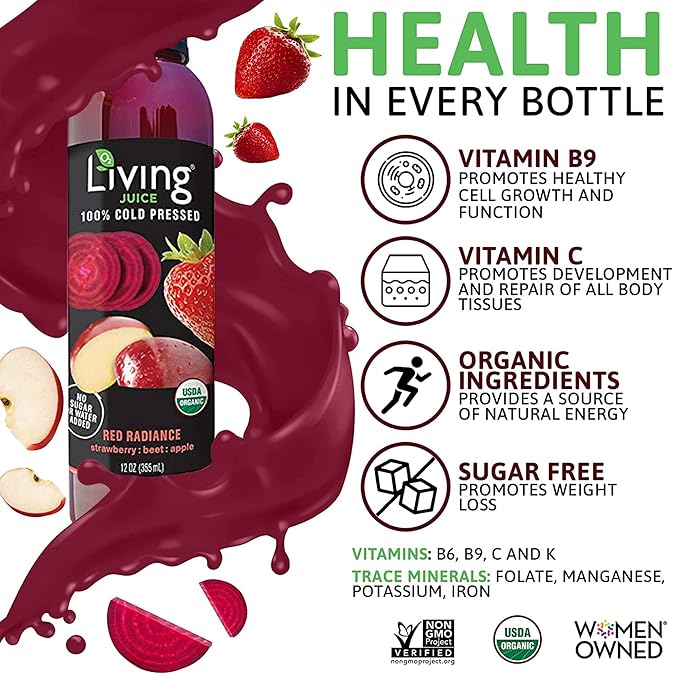 O2 Living Juice Cold Pressed Drink - Red Radiance Organic Juice Pack - No Added Sugar or Water Naturally Sweetened from Fruits Rich in Nutrients &amp Vitamins - Refreshing &amp Non-GMO - 12 fl oz