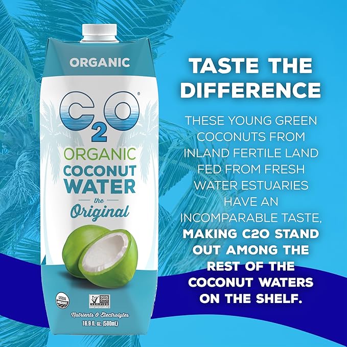 C2O - Organic Coconut Water The Original Flavor (12 Pack) - Made with Fresh Coconut Water - Plant Based Non GMO - Natural Hydration Essential Electrolytes &amp Potassium - 12 Tetra Packs 16.9 FL