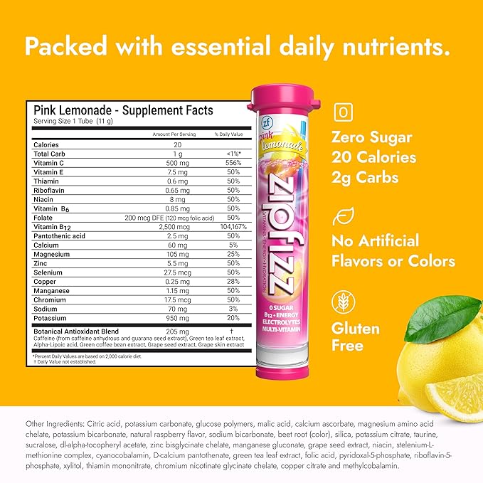 Zipfizz Daily Energy Drink Powder Pink Lemonade 20 Pack | 3-in-1 Sustained Energy Rapid Hydration and Essential Vitamins | Sugar-Free | Electrolyte Powder | Contains Vitamin B-12 &amp Antioxidant