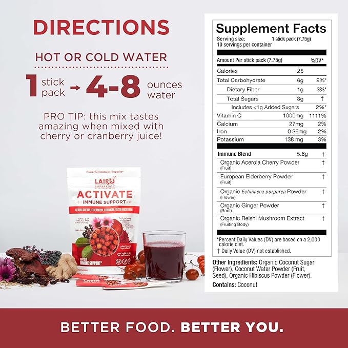 Laird Superfood Activate Immune Support Powder Drink Supplement 1000 mg of Vitamin C from Acerola Cherry Elderberry Echinacea and Reishi Mushroom 7.75 Gram Stick Pack of 10