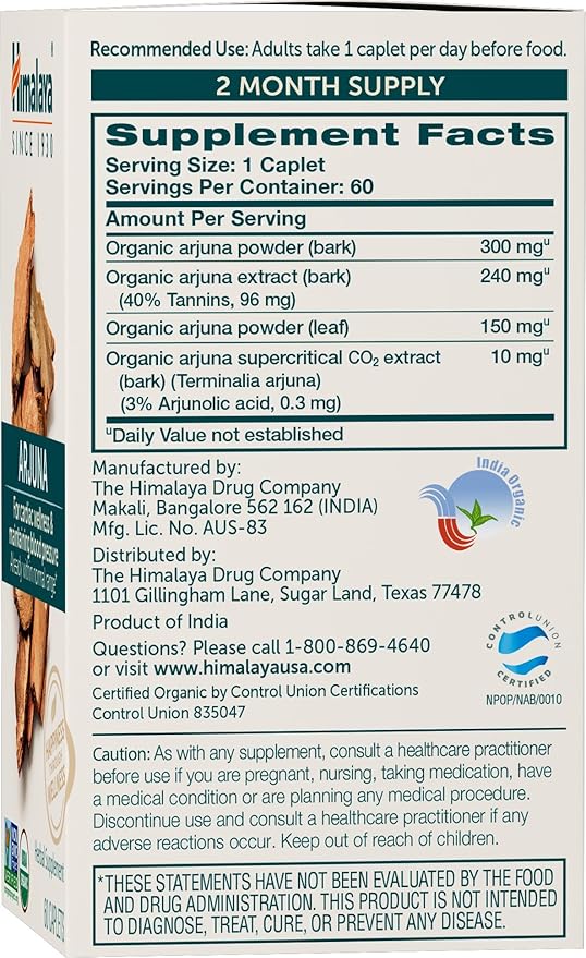 Himalaya Organic Arjuna Blood Pressure Supplement for Cardiovascular Wellness and Heart Health 700mg 60 Count (Pack of 2)