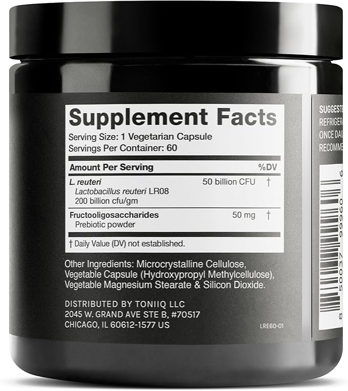 Toniiq 50 Billion CFU Lactobacillus Reuteri Probiotic 50mg per Serving - L Reuteri Probiotics - Highest CFU Count Lactobacillus Reuteri Probiotic - 60 Vegetarian Capsules - 60 Servings