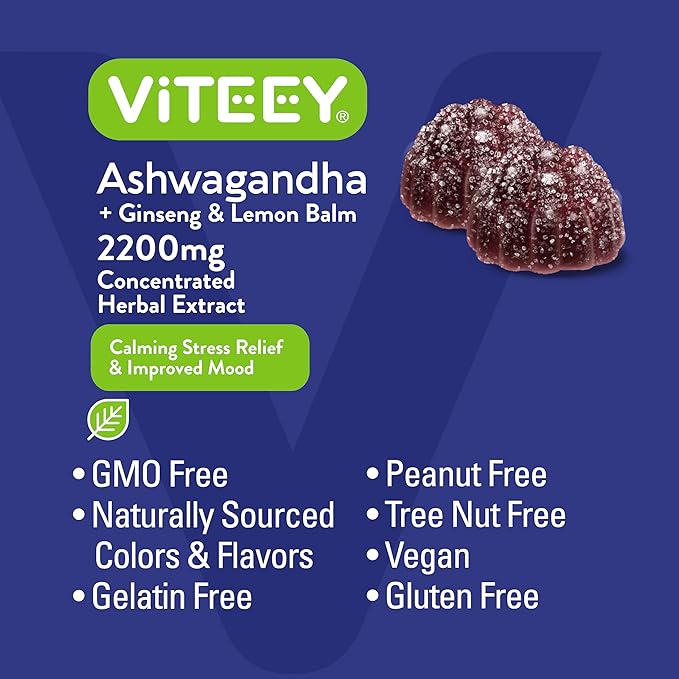 Viteey Ashwagandha Gummies with Ginseng &amp Lemon Balm - Mood Calm &amp Stress Support Ashwagandha Supplements - Vegan Gluten-Free - 120 Count