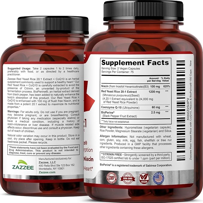 Extra Strength Red Yeast Rice with CoQ10 - 20X Concentrated 1200mg Red Yeast Rice Supplement with Niacin CoQ 10 and BioPerine for Enhanced Absorption - Non-GMO Vegan &amp ISO Lab Tested (75 Servings)