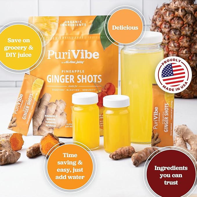 All About Juicing Ginger Shots with Pineapple &amp Turmeric - Superfood Juice Powder - Immunity Digestion &amp Energy Support - 30 Wellness Stick Packs - PuriVibe