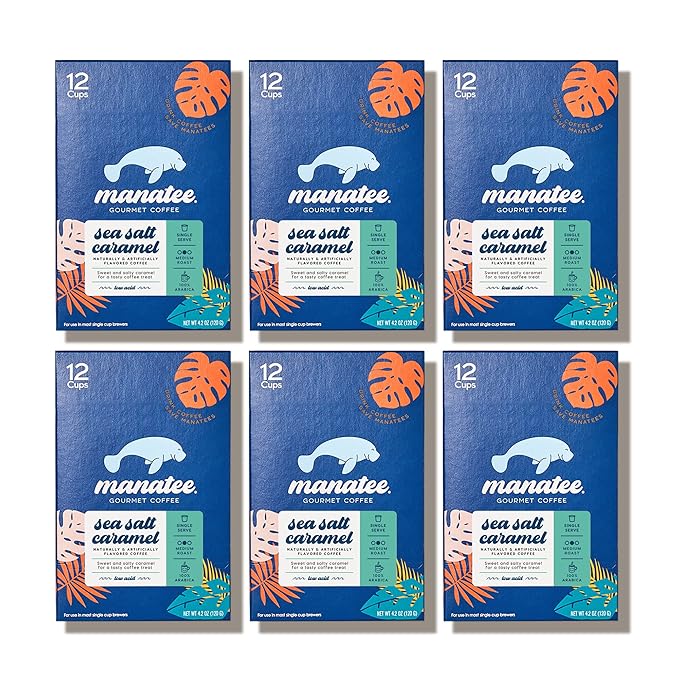 Manatee Gourmet Coffee Single Serve Pods for Keurig K Cup Brewers Medium Roast Sea Salt Caramel 72 Count