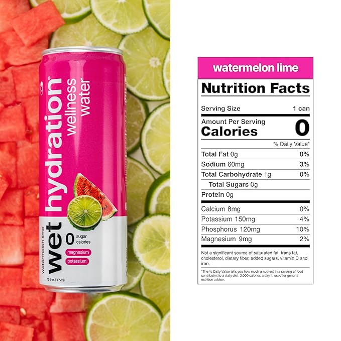 Wet Hydration | Functional Wellness Water Non-Carbonated - Watermelon Lemon Lime (12 Ounce Cans Pack of 12) - Flavored Water Hydration Drink No Sugar No Artificial Ingredients Zero Calories