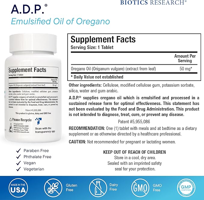 Biotics Research A.D.P. Emulsified Oil of Oregano Tablets for GI Health -Sustained Release for High Absorption Contains Carvacrol Wild Oregano Oil 50mg/S - Patented Formula -Non GMO –120 Tablets